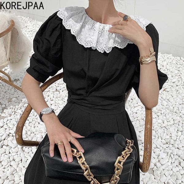 

korejpaa women dress summer korea fashion elegant temperament o neck hollow lace crochet stitche lace bubble sleeve vestido 210526, Black;gray
