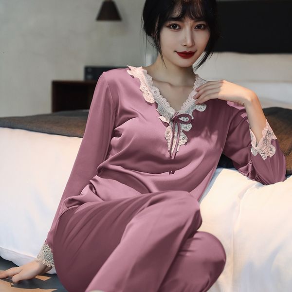 

women's sleepwear 2pcs pajamas set spring women lace trim trouser suits loose thin faux silk satin pyjamas pour femme loungew, Black;red