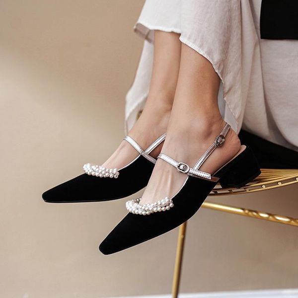 

sandals brand shoes 2021 retro pearl platform high heels pump one-button buckle suede heel, Black