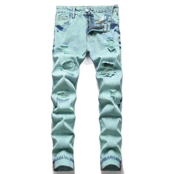 

men's jeans 2022 light green youth ripped fashion, Blue