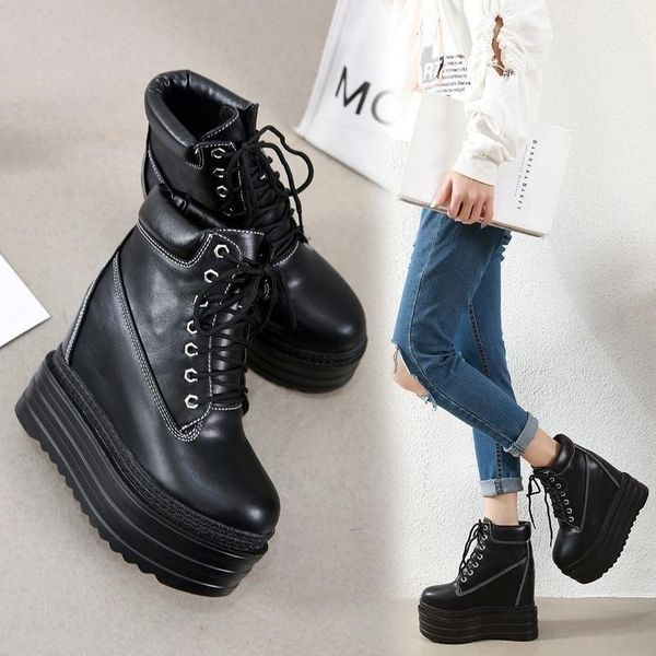 

boots increase 2021 muffin thick bottom 14cm slope heel high-heeled, Black