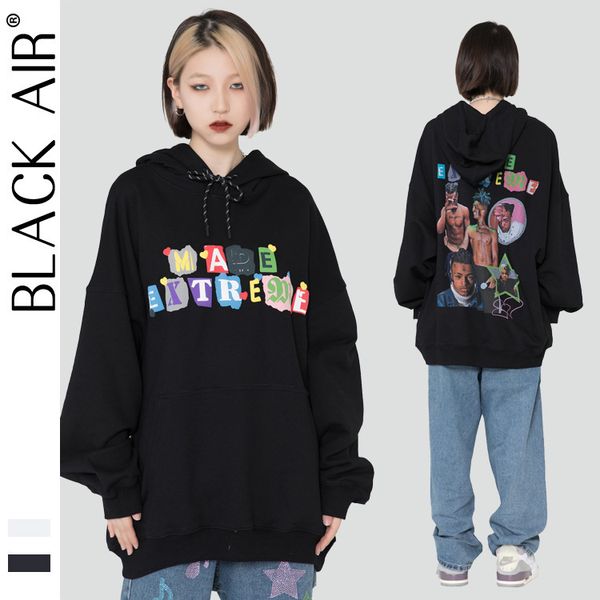 

madeextreme 2021 autumn and winter street sweater national trend poster letter men's women's long sleeved hoodie, Black