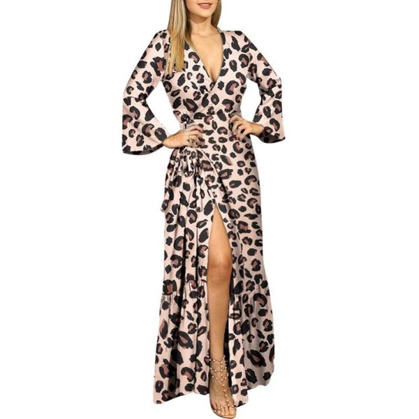 

casual dresses 80% sell women autumn winter leopard printing vintage dots multiple stylish long sleeve tie v neck side slit dress, Black;gray