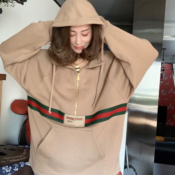 

70% off g 2021 spring and autumn new trend thin style tide loose zipper coat hooded women's sweater, Black