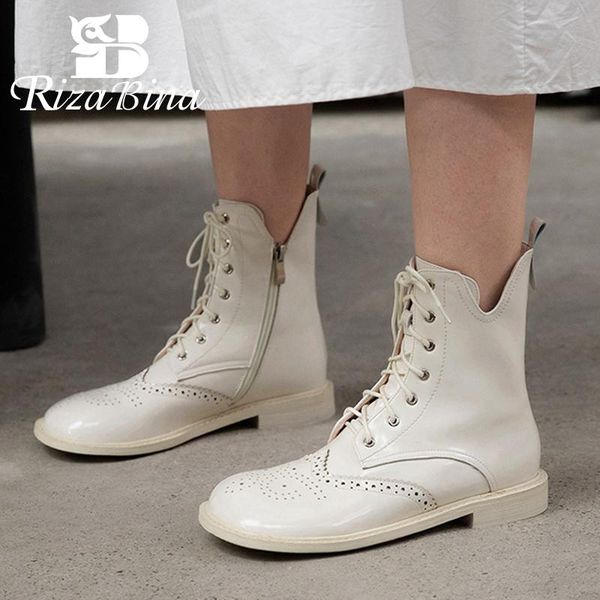 

boots rizabina real leather women ankle fretwork round toe zipper shoes cross strap winter warm party footwear 33-40, Black