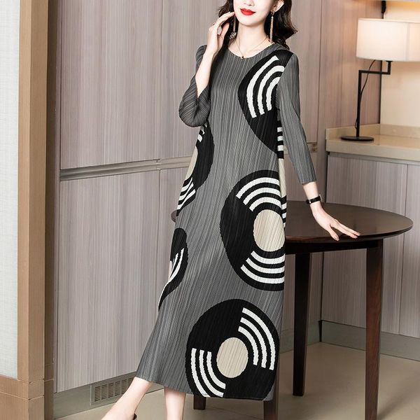 

casual dresses women folds ink painting slim long dress 2021 spring gray/blue fashion sleeve for female -3xl, Black;gray
