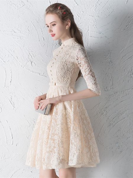 

simple 2021 new a-line high neck bowknot button lace sashes half sleeves prom es short mini homecoming vestido de festa vhu7, White;pink