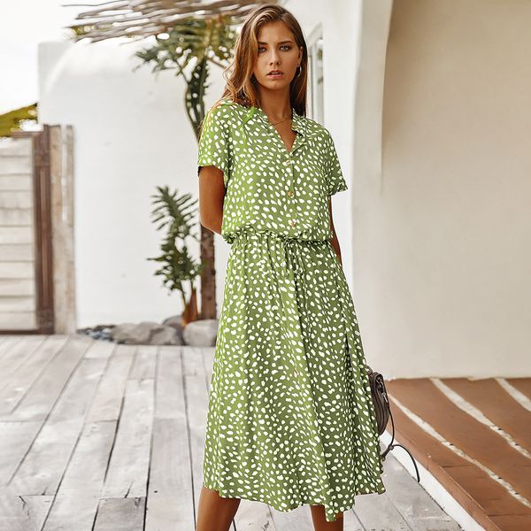 

2021 new summer women's elegant short sleeve polka dot print shirt collar button lace up temperament ladies long kwhm, Black;gray
