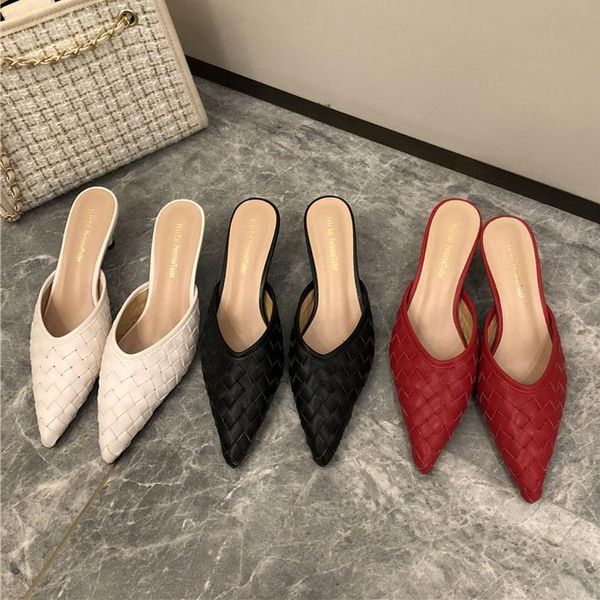 

slippers hee grand women summer slides mid heeled pointed toe knitted mules chic pu shoes slip on outdoor sandals xwt1925, Black