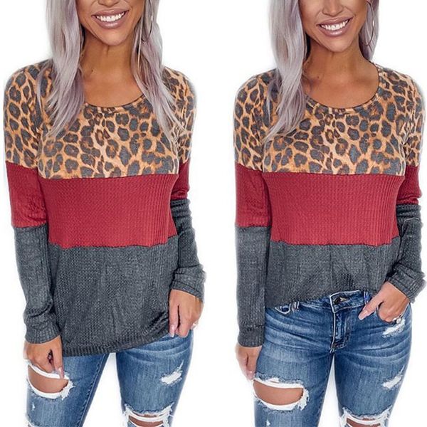 

2021 autumn european and american new printed leopard stitched round neck women's sweater, White