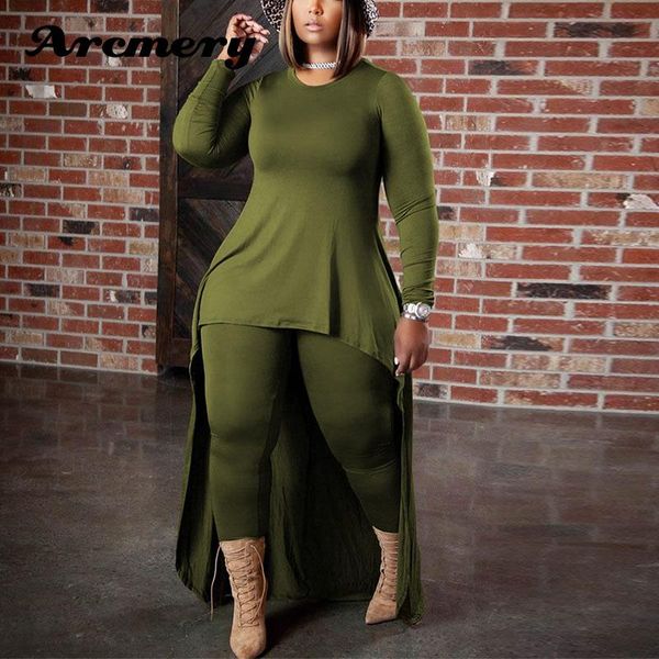 

plus size tracksuits 2 pieces women long sleeve asymmetrical hem t-shirt & pants, Black