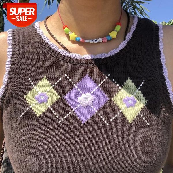 

streetwear argyle y2k crop knit sweater vest women 2020 sleeveless o-neck pullovers vintage 90s plaid casual knitwear jumper #832u, White