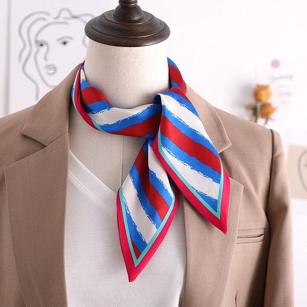 

scarves 2021 stripe print women silk scarf small handle bag ribbons female neckerchief head hair band black foulard 90*10cm, Blue;gray