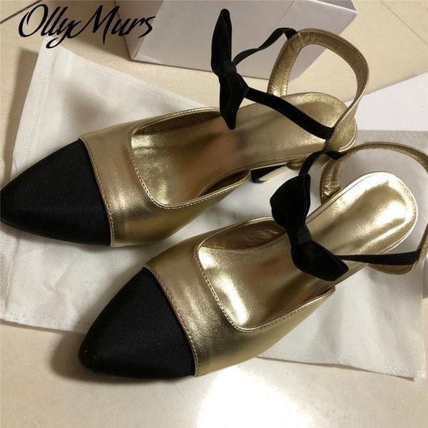 

sandals ollymurs women pumps pointed toe leather patchwork bowtie embellished high heels shoes woman slip on mules, Black
