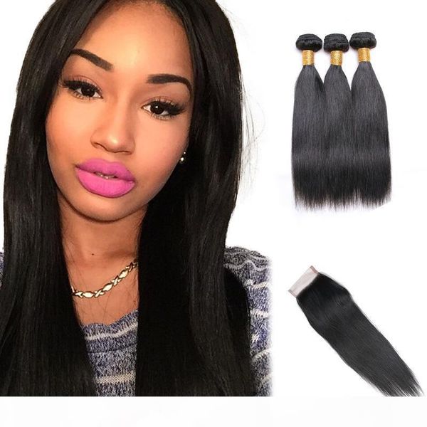 

100% unprocessed virgin human hair bundles with closure brazilian straight hair weave 4 bundles natural black remy hair extensions