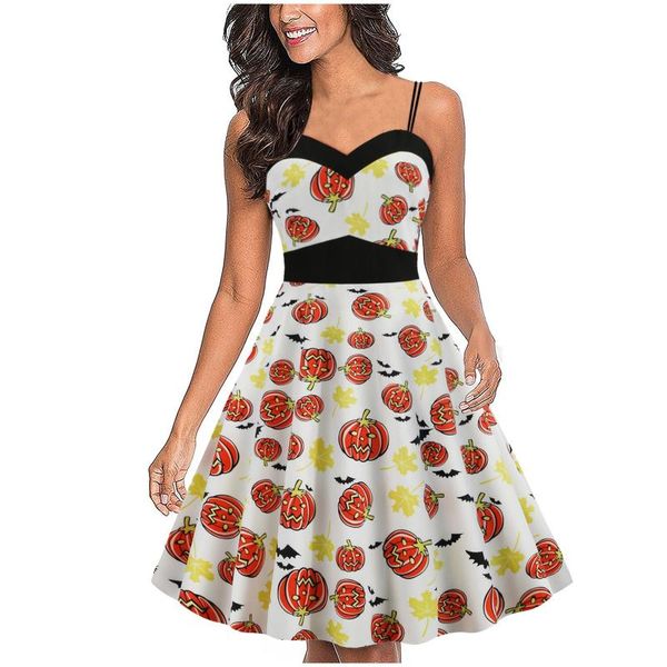 

women's swimwear halloween party dress for womens spaghetti strap skeleton pumpkin print dresses belted big swing elegant clubwear vest, White;black