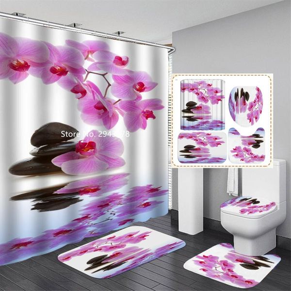 

shower curtains green leaf rose pattern curtain floor mat toilet waterproof and mildewproof washable bathroom decoration with hook