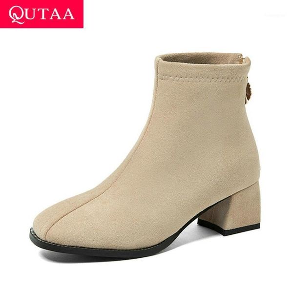 

boots qutaa 2021 flock flower zipper ankle square high heel fashion women shoes autumn winter keep warm short size 34-431, Black