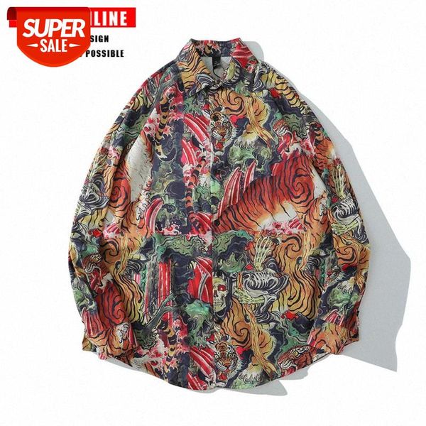 

tkpa hip-hop retro tiger chinese style japanese ukiyo-e shirt country loose ruffian handsome long-sleeved jacket #ak58, White;black