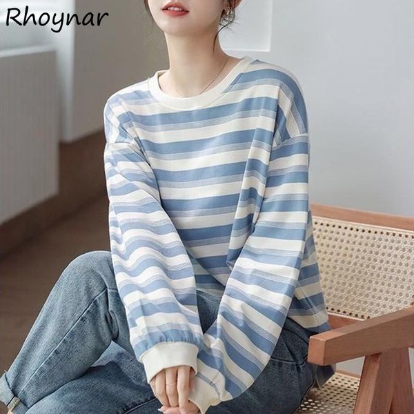 

women's t-shirt long sleeve t-shirts autumn fashion all-match leisure cozy simple college o-neck striped korean style female elegant, White
