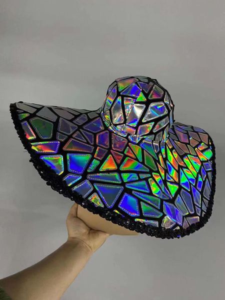 

stage sequin large brim hat women party prom hats floppy wide brim cap foldable club jazz dancer singer dance accessories, Black;red