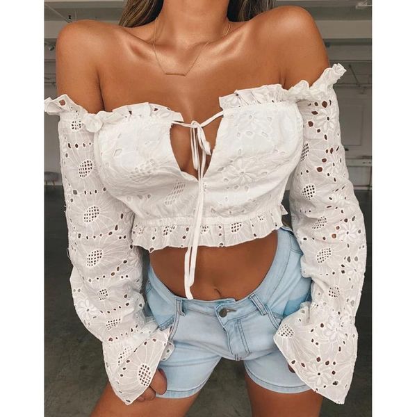 

women's t-shirt hirigin womens slash neck fashion pullover ladies casual solid lace long puff sleeve short tee plus size, White