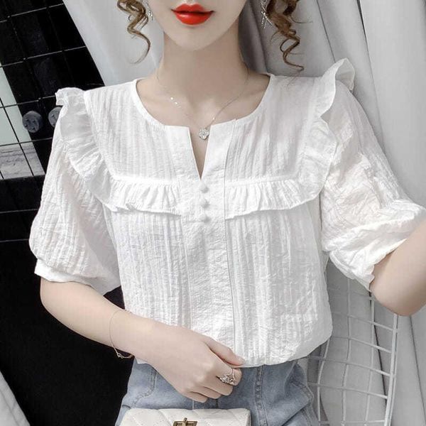 

women's blouses & shirts 2021 vintage summer pullover women korea fashion o-neck short sleeve solid color shirt female loose chiffon b, White