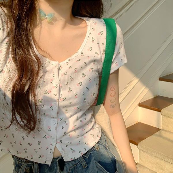 

women's t-shirt chic t shirt women harajuku summer short sleeve button floral tshirt white black crop femme camiseta mujer