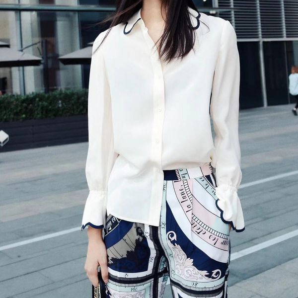 

2021 new 100% seda senhora escritrio wear feminina plissado casual feminino manga longa blusa superior roupas jd79, White