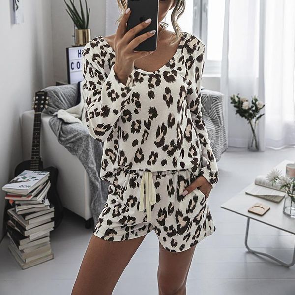 

casual home clothes 2 piece set women leopard print long sleeve v-neck and lace up shorts plus size summer sleepwear sj6015x, Gray