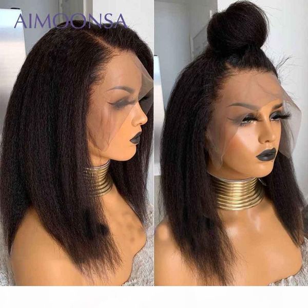 

transparent lace frontal wig kinky straight 13x6 lace front wig short bob front human hair wigs for women 250% remy, Black;brown