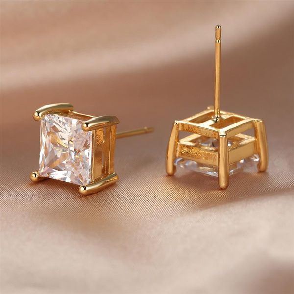 

stud vintage gold color small earrings classic square stone 8mm white crystal zircon for women wedding jewelry, Golden;silver