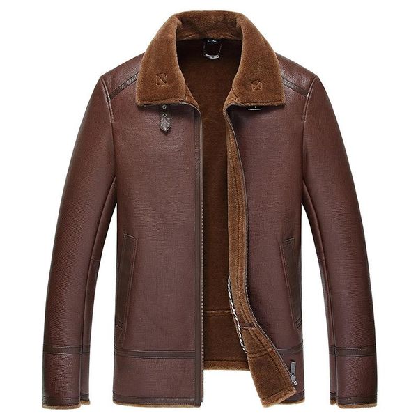 

men's leather & faux real wool fur coat winter jacket men sheep shearling coats man jackets plus size jaqueta de couro 58-1850 yy505, Black