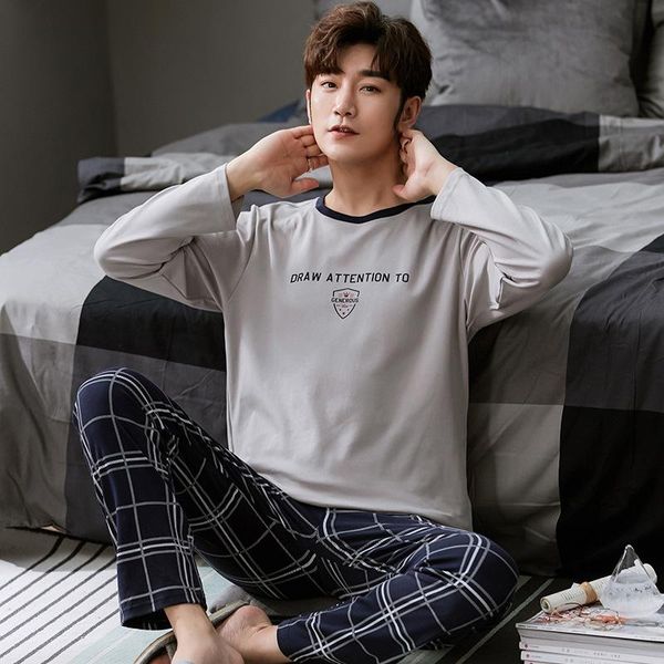 

men's sleepwear cotton long sleeve pajamas set for men 2021 winter trendy print gray round-neck handsome boy lattice pants pijamas, Black;brown