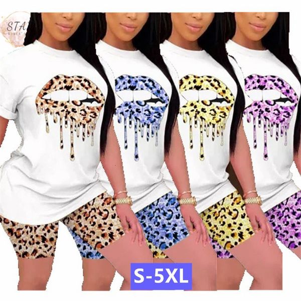 

2021 new plus size s-5xl shorts sets women two piece set summer lip lepoard print tshirt crop and pants suits wholesale dropshpping 8vr0, Gray
