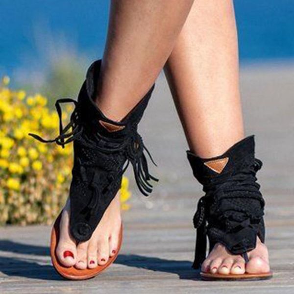 

sandals summer retro sandales casual fashion flat bottom shoes for woman tassel hollow toe women's women 2021 sandalias mujer, Black