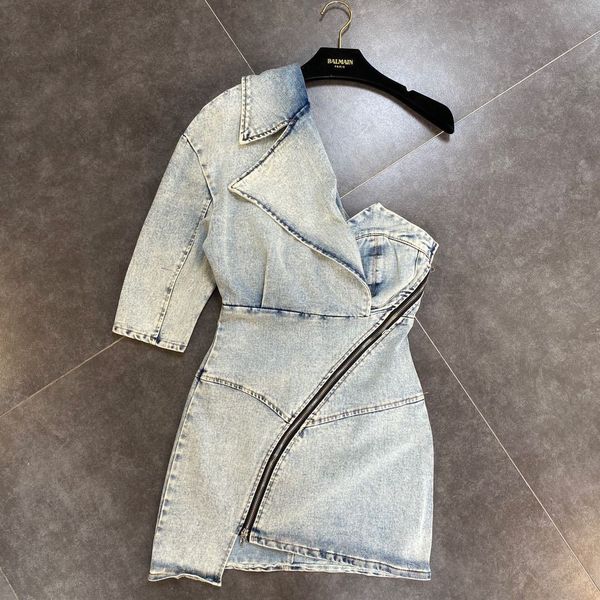 

2021 summer a short sleeve shoulder turn down collar light blue zipper irregular mini dress female g2tz, Black;gray