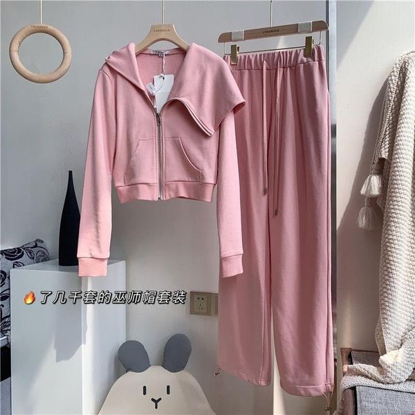 

women's two piece pants autumn wild fashion matching sets casual pink long sleeve hooded hoodies zip up coat sweatshirts street wide le, White