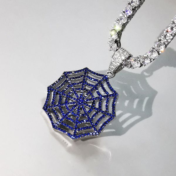 

dark blue cobwebs pendant necklace cubic zirconia iced out necklace fashion hip hop jewelry mens gift, Silver