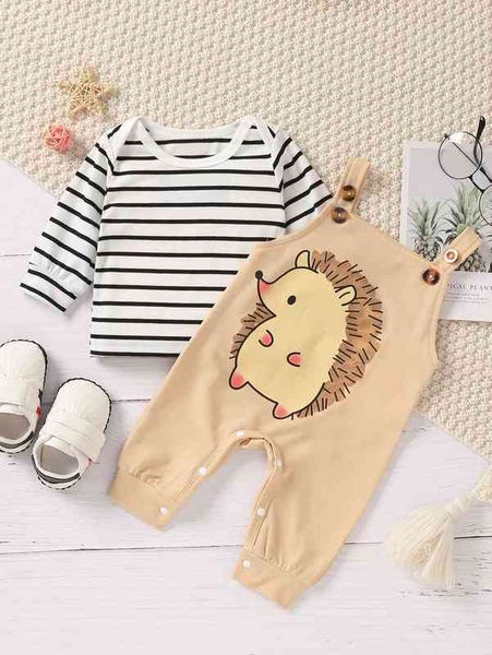 

baby striped tee & panda print overall jumpsuit she, White