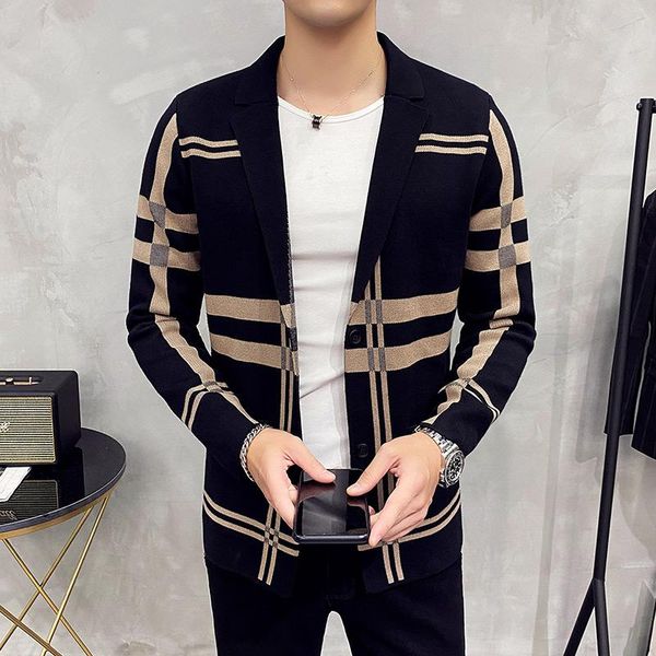 

men's sweaters knitted sweater jacket 2021 men fashion brand slim striped long sleeve suit collar cardigan wool coat, White;black