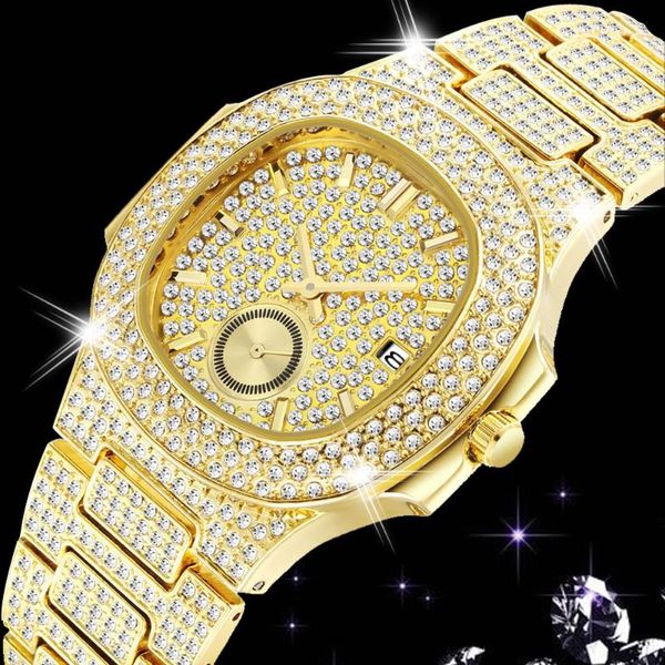 Classico orologio in oro 18 carati da uomo di lusso ghiacciato con diamanti pieni di diamanti Orologi da uomo in acciaio pieno moda orologio al quarzo uomo CZ Hip Hop Reloj Hombre299t