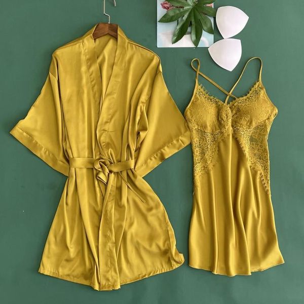 

women's sleepwear summer 2pcs satin robe set lace patchwork nighty&robe v-neck sleep solid nightwear casual home clothing, Black;red