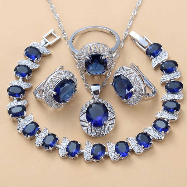 

natural blue cubic zircon big jewelry sets clip earrings necklace bracelet and ring set for women gift h1022, Silver