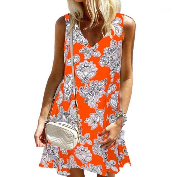 

casual dresses summer women sundress plus size sleeveless vintage printing dress v-neck loose mid waist large hem mini robe, Black;gray