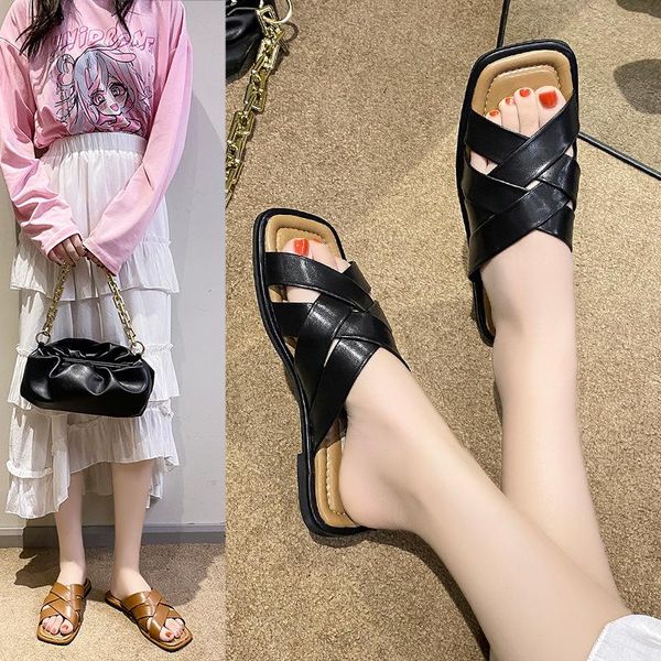 

slippers shoes rubber flip flops square toe loafers ladies' low luxury slides slipers women shale female beach hawaiian designer, Black