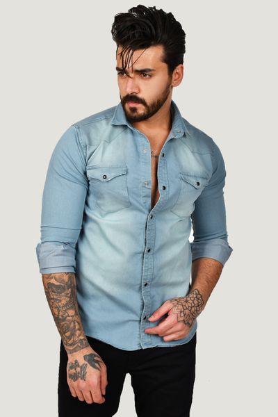 

Snap Button Lycra Long Denim Shirt 2100438 Egrh, White;black
