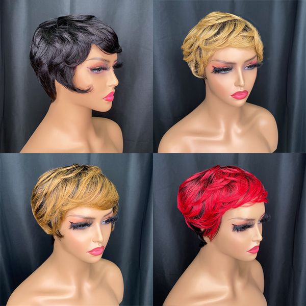 Super Setembro Pixie Corte ondulado Wig Vendor Promoção Promoção Baixa Preço Acessível Cabelo Humano Indiano Indiano Multicolor opcional para venda