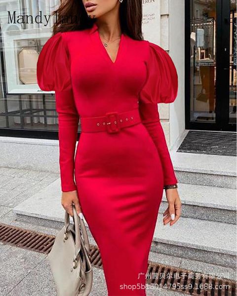 

ethnic clothing mandylandy women's v-neck dress spring and autumn elegant solid color puff sleeve slim pencil, Red