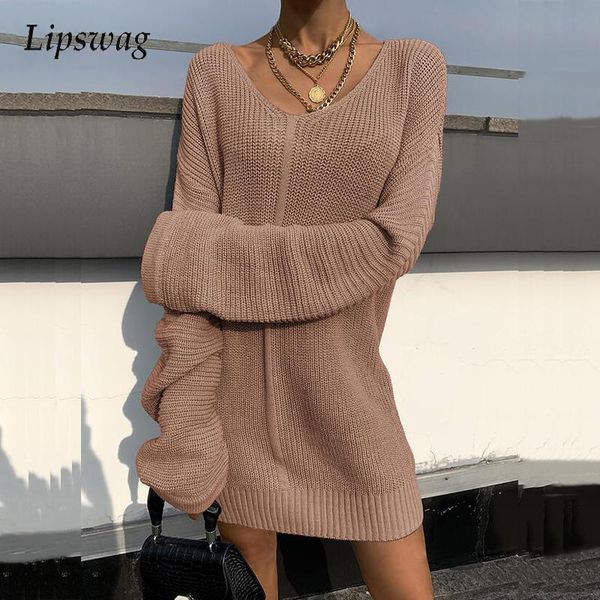 

casual dresses winter loose knitted sweater dress women 2021 autumn v neck hollow out party lady elegant long sleeve solid, Black;gray